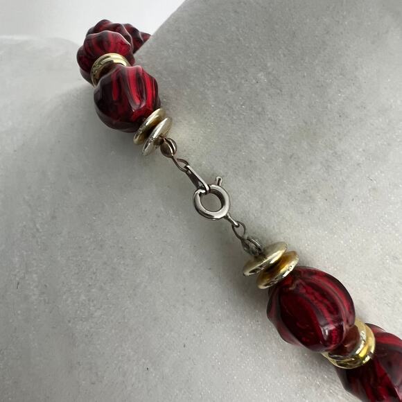 Vintage Maroon Red Cranberry Beaded Necklace with Gold Accents - Picture 2 of 5